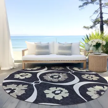 8' Black Ivory And Taupe Round Medallion Washable Indoor Outdoor Area Rug