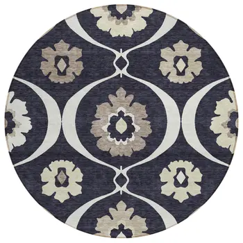 8' Black Ivory And Taupe Round Medallion Washable Indoor Outdoor Area Rug