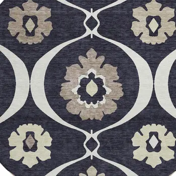 8' Black Ivory And Taupe Round Medallion Washable Indoor Outdoor Area Rug