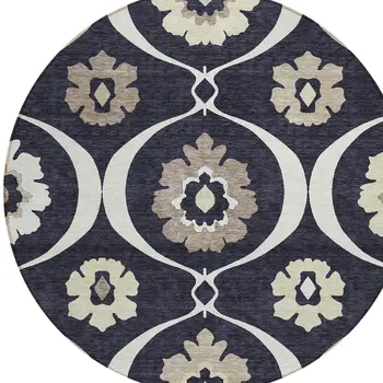 8' Black Ivory And Taupe Round Medallion Washable Indoor Outdoor Area Rug