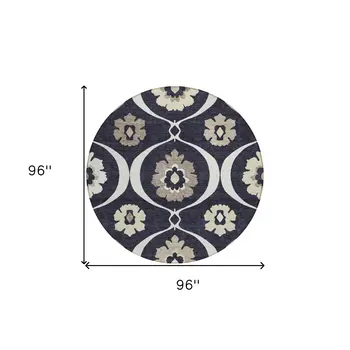 8' Black Ivory And Taupe Round Medallion Washable Indoor Outdoor Area Rug