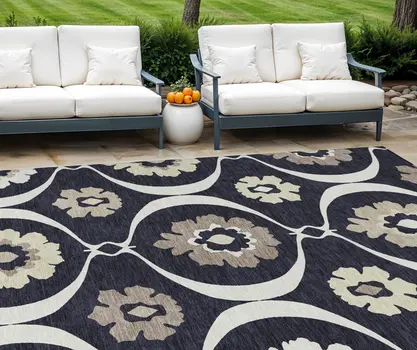 8' X 10' Black Ivory And Taupe Medallion Washable Indoor Outdoor Area Rug