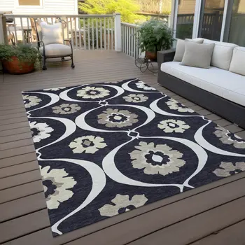8' X 10' Black Ivory And Taupe Medallion Washable Indoor Outdoor Area Rug