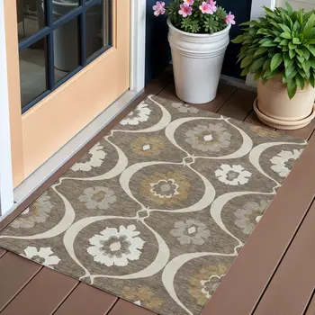 3' X 5' Brown Beige And Taupe Medallion Washable Indoor Outdoor Area Rug