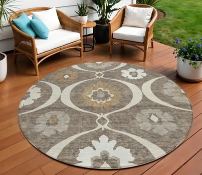 8' Brown Beige And Taupe Round Medallion Washable Indoor Outdoor Area Rug