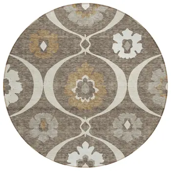 8' Brown Beige And Taupe Round Medallion Washable Indoor Outdoor Area Rug