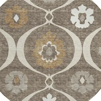 8' Brown Beige And Taupe Round Medallion Washable Indoor Outdoor Area Rug