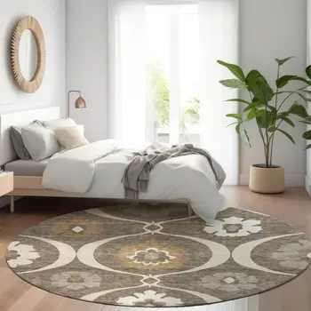 8' Brown Beige And Taupe Round Medallion Washable Indoor Outdoor Area Rug