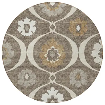 8' Brown Beige And Taupe Round Medallion Washable Indoor Outdoor Area Rug