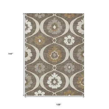 9' X 12' Brown Beige And Taupe Medallion Washable Indoor Outdoor Area Rug