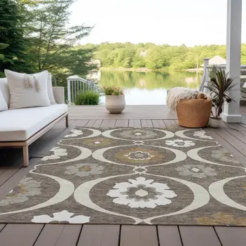 10' X 14' Brown Beige And Taupe Medallion Washable Indoor Outdoor Area Rug