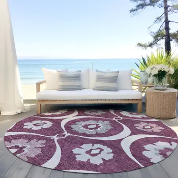 8' Eggplant Ivory And Gray Round Medallion Washable Indoor Outdoor Area Rug