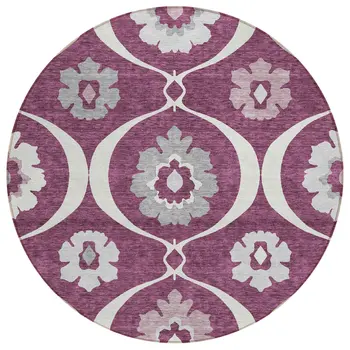 8' Eggplant Ivory And Gray Round Medallion Washable Indoor Outdoor Area Rug