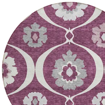 8' Eggplant Ivory And Gray Round Medallion Washable Indoor Outdoor Area Rug