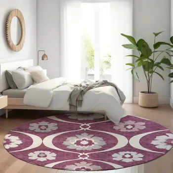 8' Eggplant Ivory And Gray Round Medallion Washable Indoor Outdoor Area Rug
