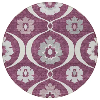 8' Eggplant Ivory And Gray Round Medallion Washable Indoor Outdoor Area Rug