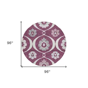 8' Eggplant Ivory And Gray Round Medallion Washable Indoor Outdoor Area Rug