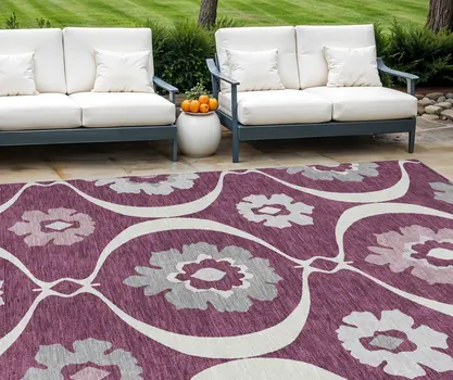 9' X 12' Eggplant Ivory And Gray Medallion Washable Indoor Outdoor Area Rug