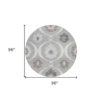 8' Gray Charcoal And Brown Round Medallion Washable Indoor Outdoor Area Rug