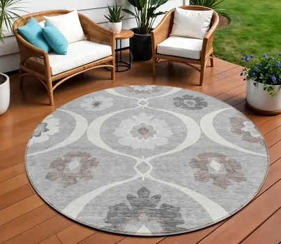 8' Gray Charcoal And Brown Round Medallion Washable Indoor Outdoor Area Rug