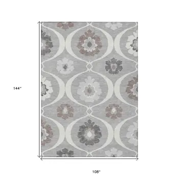 9' X 12' Gray Charcoal And Brown Medallion Washable Indoor Outdoor Area Rug