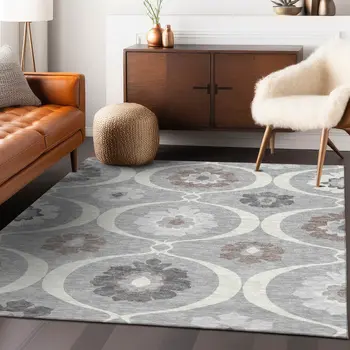9' X 12' Gray Charcoal And Brown Medallion Washable Indoor Outdoor Area Rug