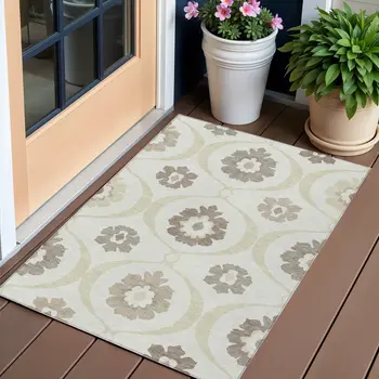 3' X 5' Ivory Taupe And Brown Medallion Washable Indoor Outdoor Area Rug