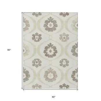 5' X 8' Ivory Taupe And Brown Medallion Washable Indoor Outdoor Area Rug