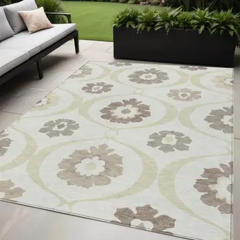 5' X 8' Ivory Taupe And Brown Medallion Washable Indoor Outdoor Area Rug
