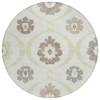8' Ivory Taupe And Brown Round Medallion Washable Indoor Outdoor Area Rug