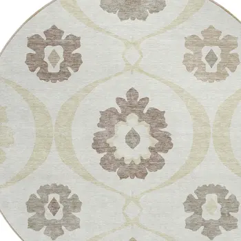 8' Ivory Taupe And Brown Round Medallion Washable Indoor Outdoor Area Rug