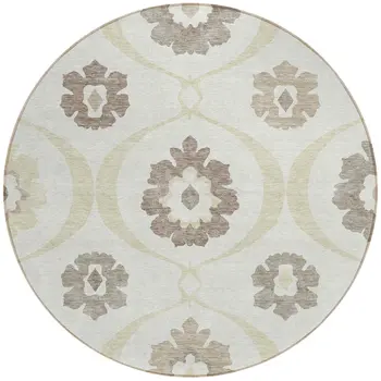 8' Ivory Taupe And Brown Round Medallion Washable Indoor Outdoor Area Rug