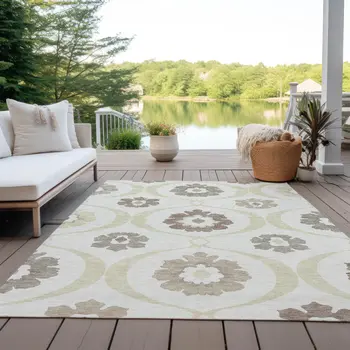 10' X 14' Ivory Taupe And Brown Medallion Washable Indoor Outdoor Area Rug