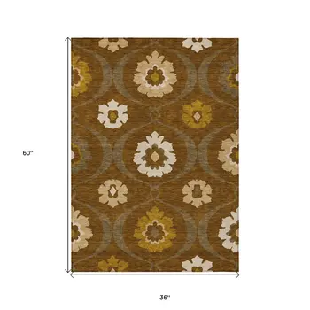 3' X 5' Brown Beige And Gold Medallion Washable Indoor Outdoor Area Rug