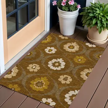 3' X 5' Brown Beige And Gold Medallion Washable Indoor Outdoor Area Rug