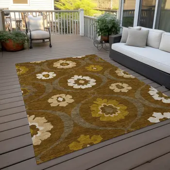 3' X 5' Brown Beige And Gold Medallion Washable Indoor Outdoor Area Rug
