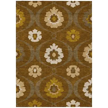 5' X 8' Brown Beige And Gold Medallion Washable Indoor Outdoor Area Rug