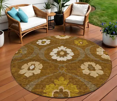 8' Brown Beige And Gold Round Medallion Washable Indoor Outdoor Area Rug