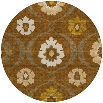 8' Brown Beige And Gold Round Medallion Washable Indoor Outdoor Area Rug