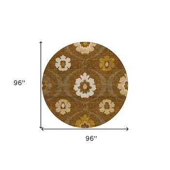 8' Brown Beige And Gold Round Medallion Washable Indoor Outdoor Area Rug