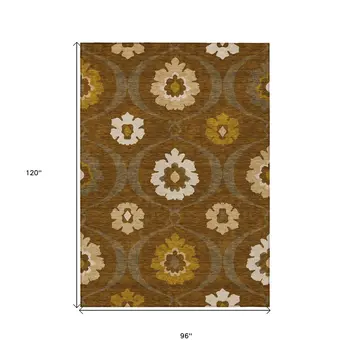 8' X 10' Brown Beige And Gold Medallion Washable Indoor Outdoor Area Rug