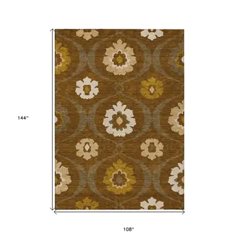 9' X 12' Brown Beige And Gold Medallion Washable Indoor Outdoor Area Rug