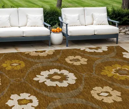 9' X 12' Brown Beige And Gold Medallion Washable Indoor Outdoor Area Rug