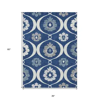 3' X 5' Navy Blue And Ivory Medallion Washable Indoor Outdoor Area Rug