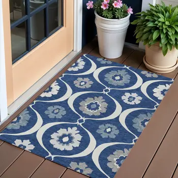 3' X 5' Navy Blue And Ivory Medallion Washable Indoor Outdoor Area Rug