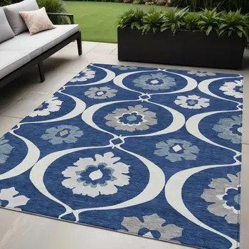 5' X 8' Navy Blue And Ivory Medallion Washable Indoor Outdoor Area Rug