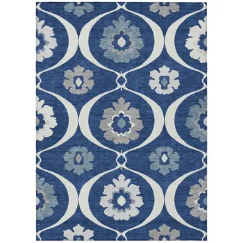 5' X 8' Navy Blue And Ivory Medallion Washable Indoor Outdoor Area Rug