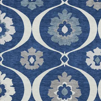 5' X 8' Navy Blue And Ivory Medallion Washable Indoor Outdoor Area Rug