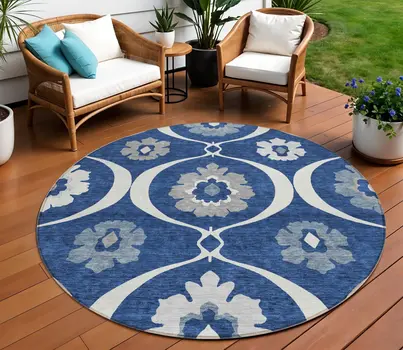 8' Navy Blue And Ivory Round Medallion Washable Indoor Outdoor Area Rug