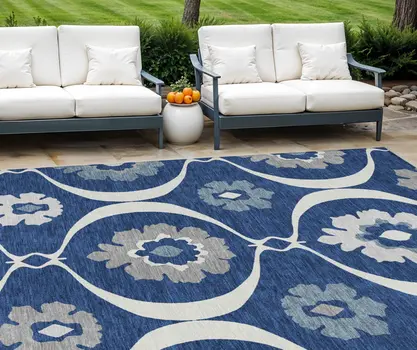 9' X 12' Navy Blue And Ivory Medallion Washable Indoor Outdoor Area Rug